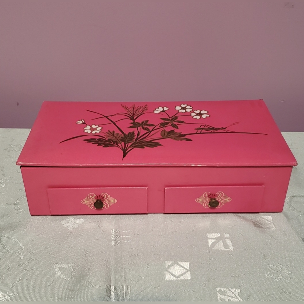 Vintage Pink Keepsake Box Cardboard Chest Floral Grasshopper